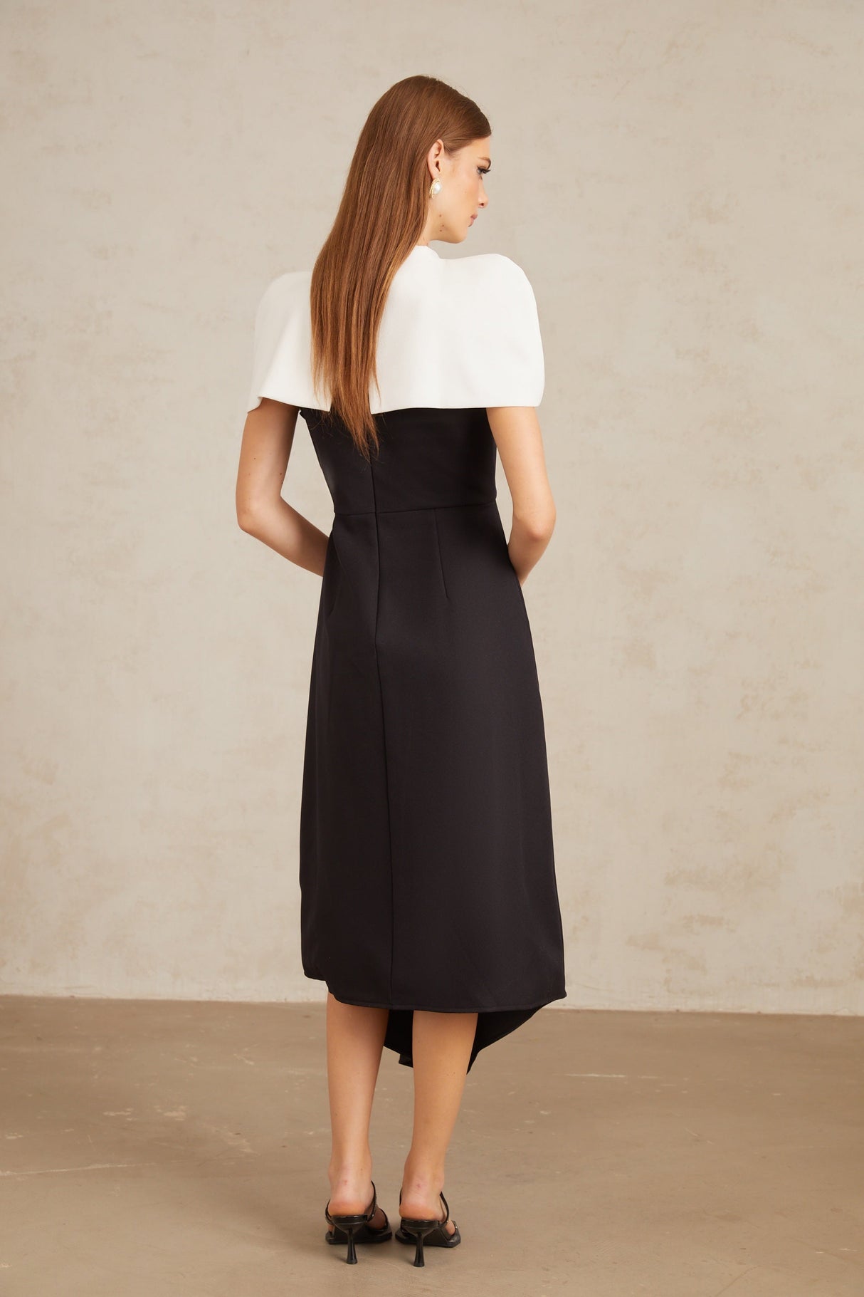 Aurohaya Fabienne Color Block Midi Dress with Shawl Detail
