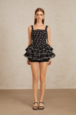Aurohaya Camille Black Tiered Bow Print Mini Dress