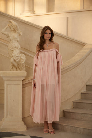Aurohaya Agathe Pink Braid Detail Pleated Maxi Dress