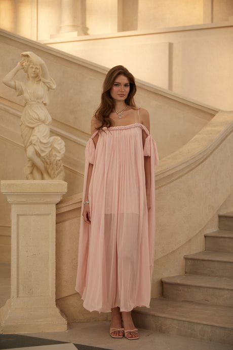 Aurohaya Agathe Pink Braid Detail Pleated Maxi Dress