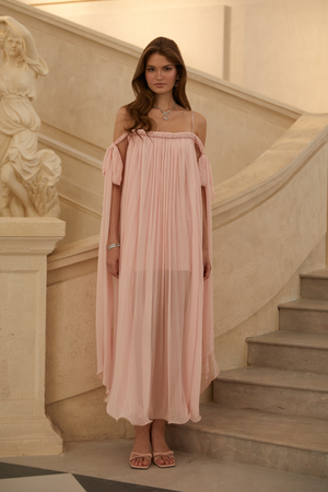 Aurohaya Agathe Pink Braid Detail Pleated Maxi Dress