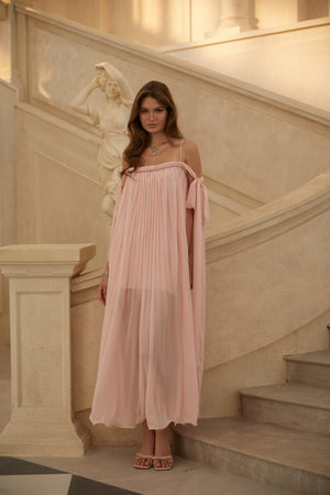 Aurohaya Agathe Pink Braid Detail Pleated Maxi Dress