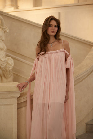 Aurohaya Agathe Pink Braid Detail Pleated Maxi Dress