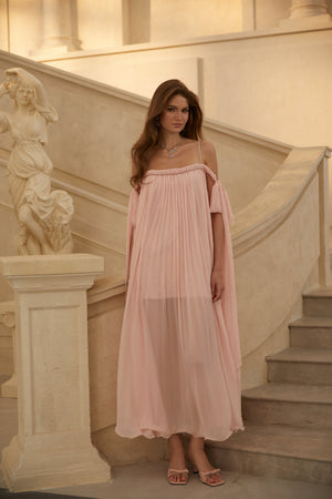 Aurohaya Agathe Pink Braid Detail Pleated Maxi Dress