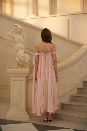 Aurohaya Agathe Pink Braid Detail Pleated Maxi Dress