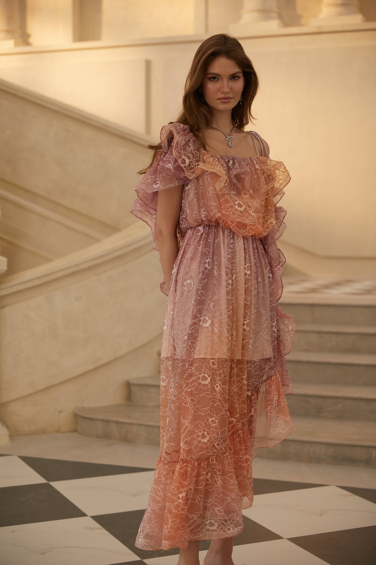 Aurohaya Éva Purple Gradient Floral Lace Midi Dress