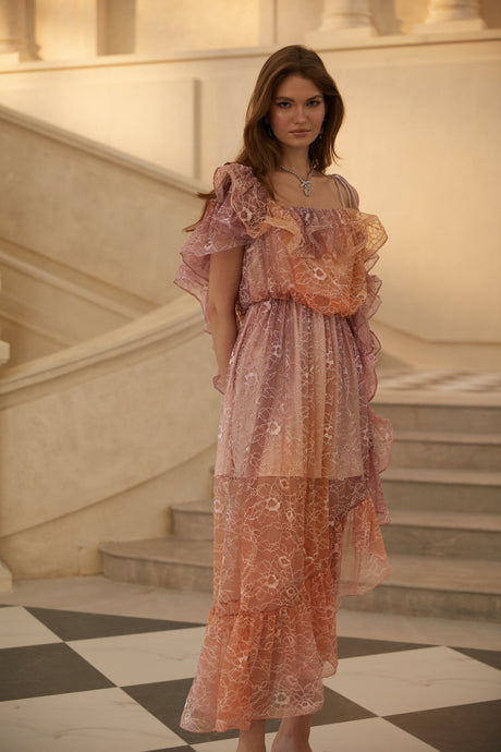 Aurohaya Éva Purple Gradient Floral Lace Midi Dress