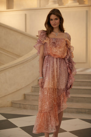 Aurohaya Éva Purple Gradient Floral Lace Midi Dress