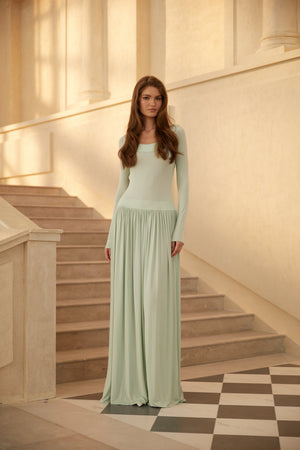 Aurohaya Campagne Green Open-Back Shirred Maxi Dress