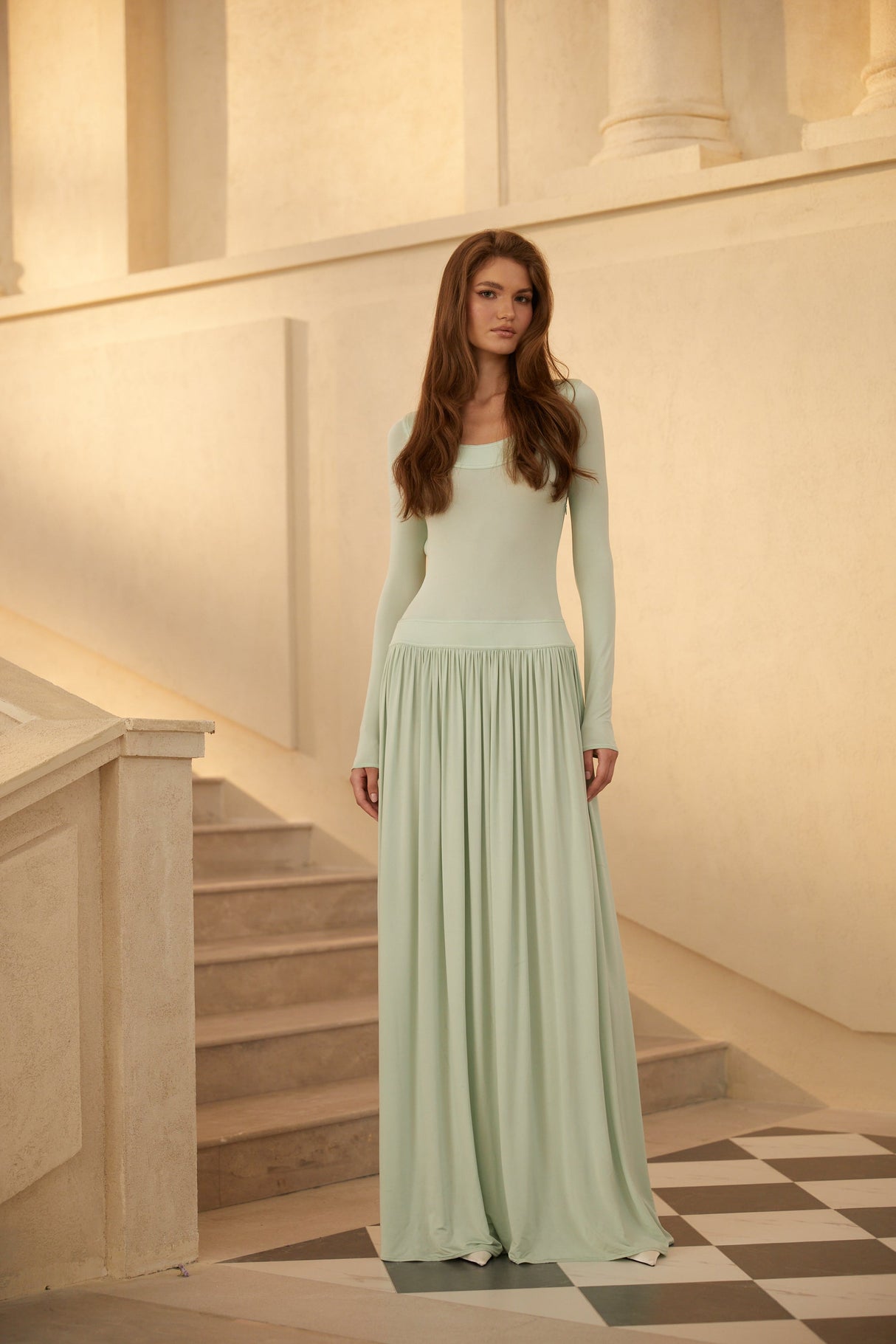 Aurohaya Campagne Green Open-Back Shirred Maxi Dress