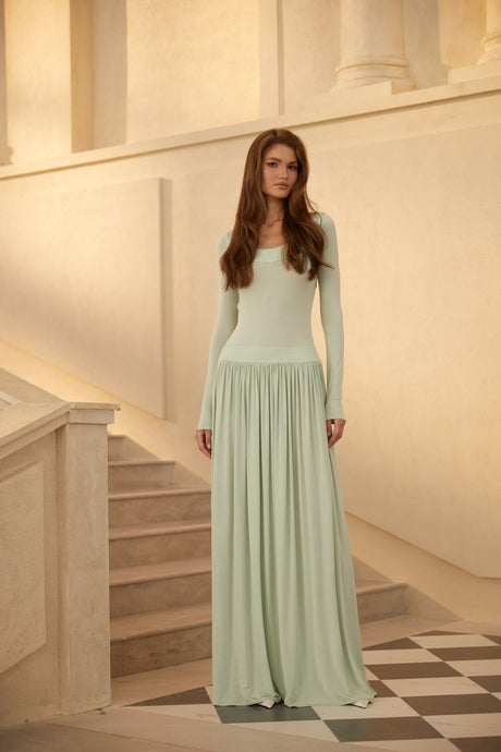Aurohaya Campagne Green Open-Back Shirred Maxi Dress