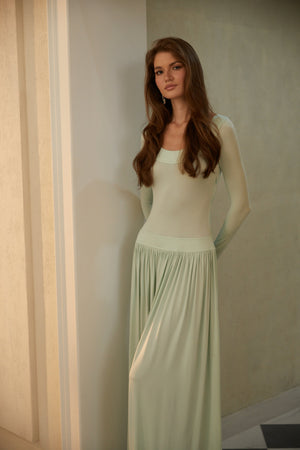 Aurohaya Campagne Green Open-Back Shirred Maxi Dress