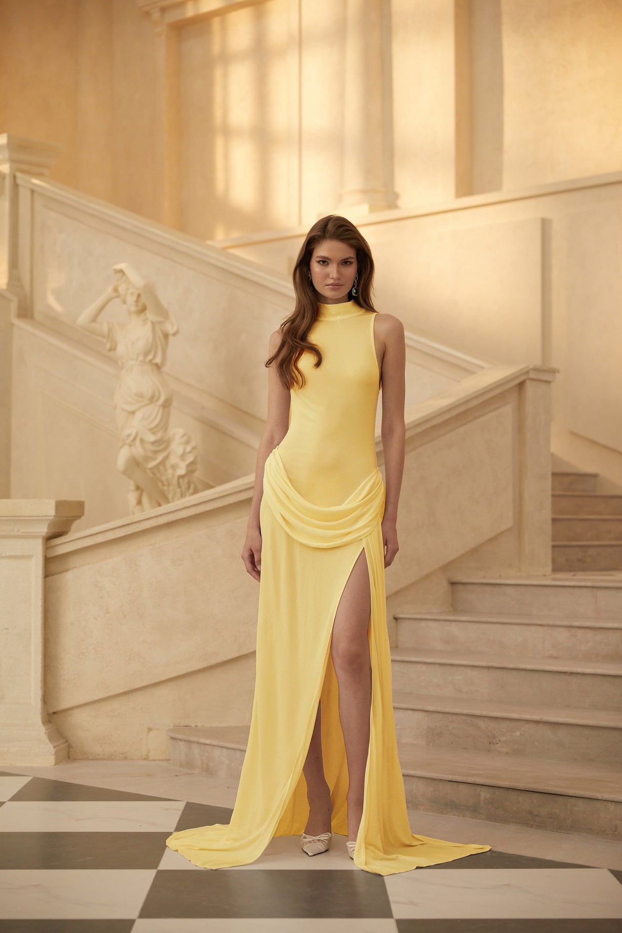 Aurohaya Mystérieuse Yellow Turtleneck Draped Maxi Dress