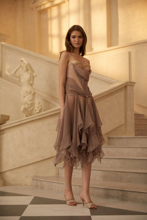 Aurohaya Pétunia Grey Layered Ruffled Midi Dress
