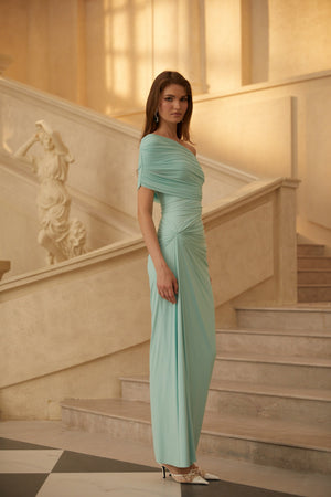 Aurohaya Katya Green Asymmetrical Gathered Maxi Dress