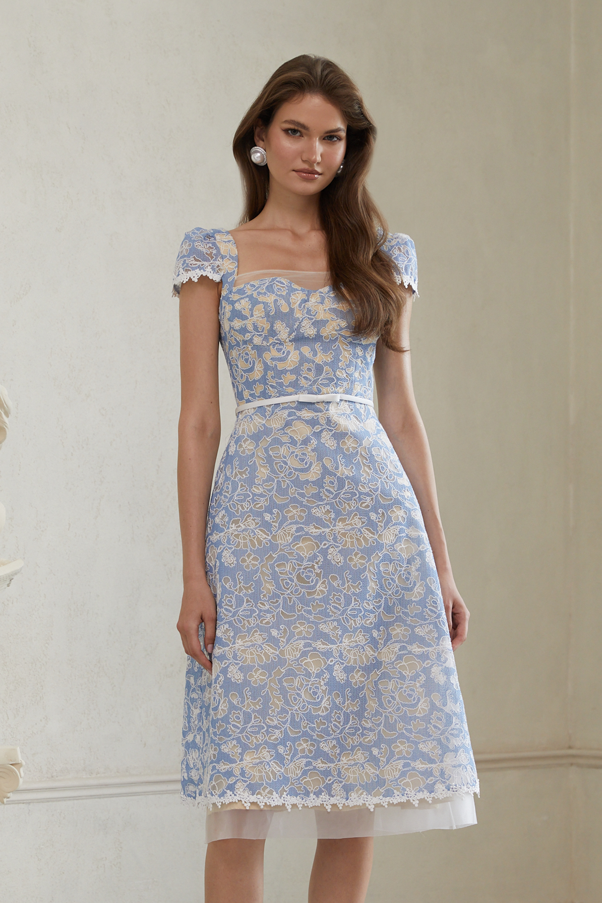 Aurohaya Gaëlle Blue Floral Embroidered Midi Dress