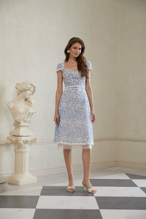 Aurohaya Gaëlle Blue Floral Embroidered Midi Dress