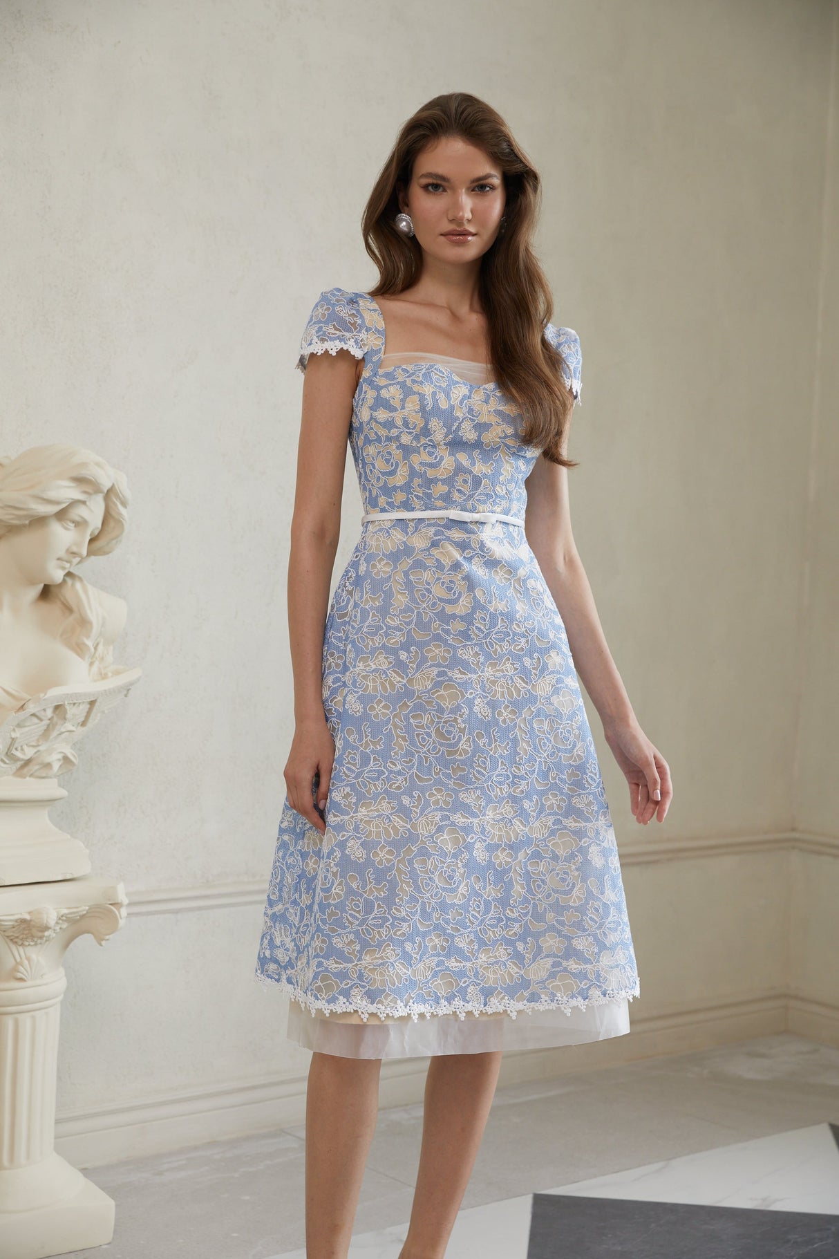 Aurohaya Gaëlle Blue Floral Embroidered Midi Dress
