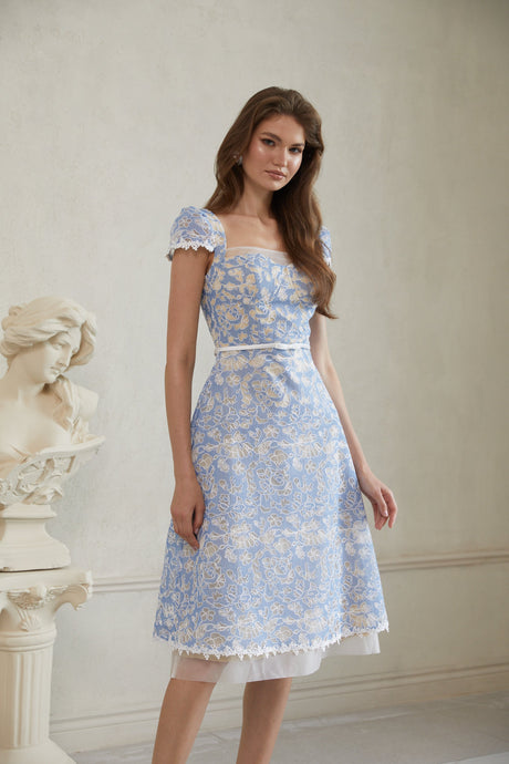 Aurohaya Gaëlle Blue Floral Embroidered Midi Dress