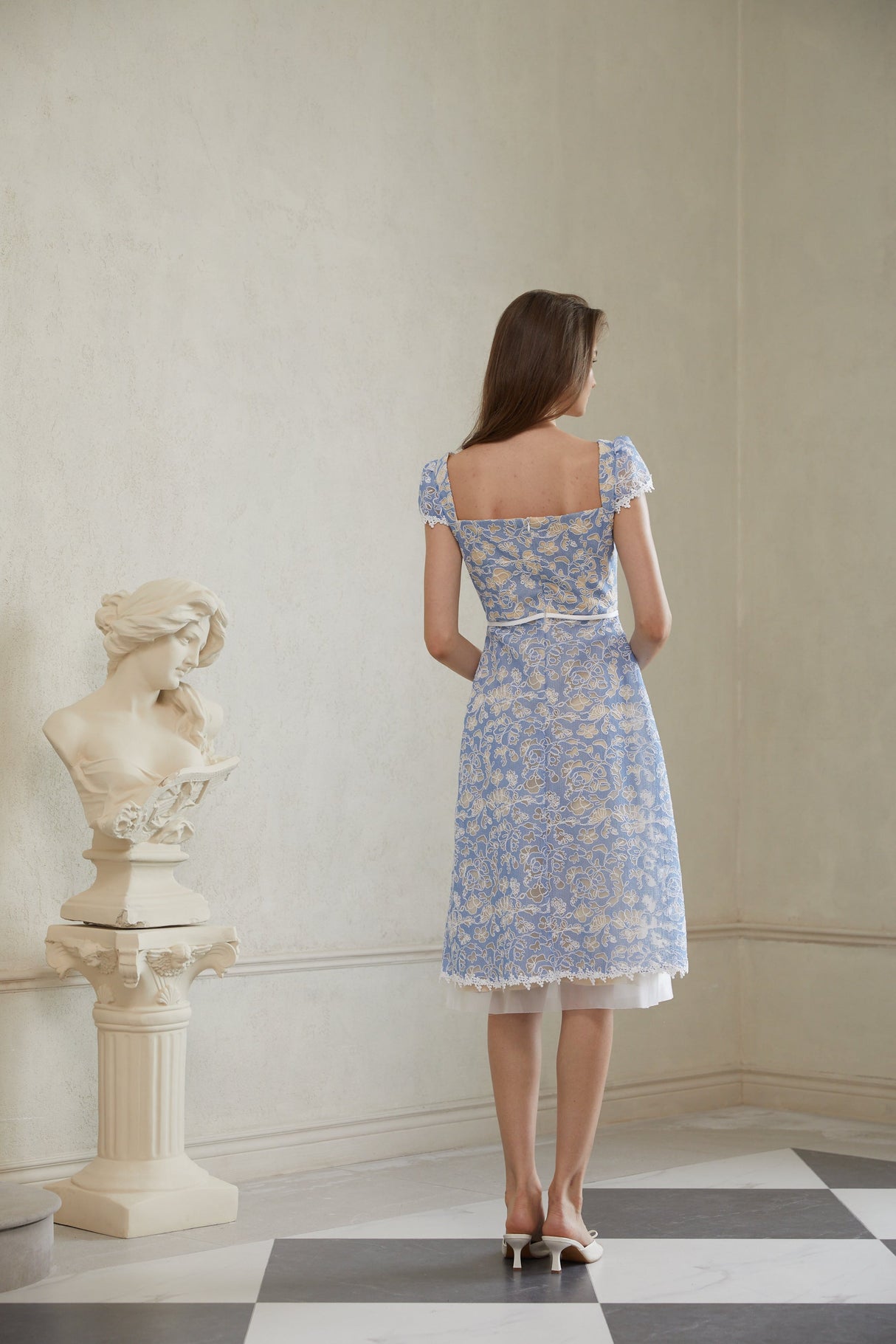 Aurohaya Gaëlle Blue Floral Embroidered Midi Dress