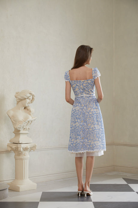 Aurohaya Gaëlle Blue Floral Embroidered Midi Dress