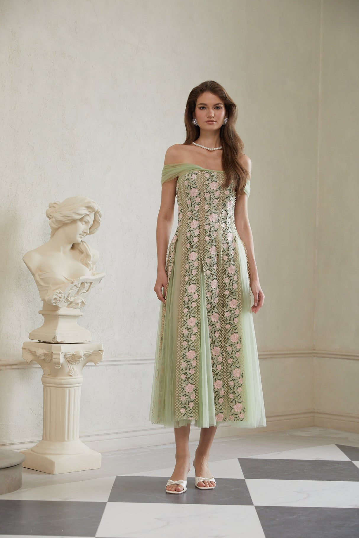 Aurohaya Eleni Green Tulle Panel Floral Midi Dress
