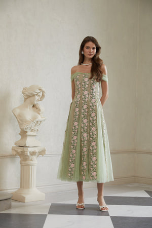 Aurohaya Eleni Green Tulle Panel Floral Midi Dress