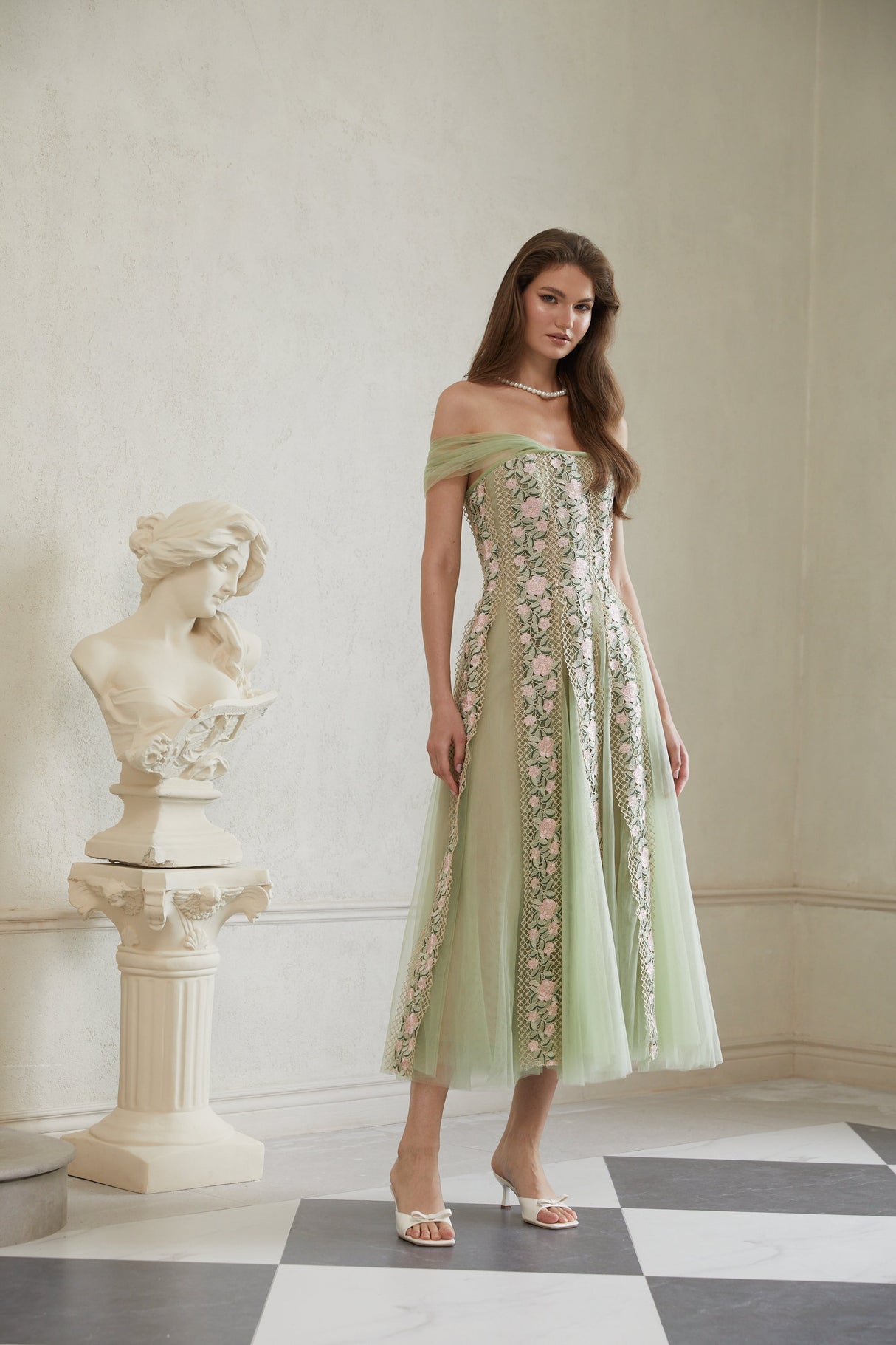 Aurohaya Eleni Green Tulle Panel Floral Midi Dress