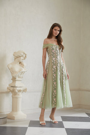 Aurohaya Eleni Green Tulle Panel Floral Midi Dress