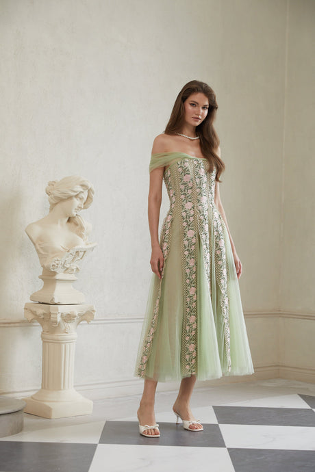Aurohaya Eleni Green Tulle Panel Floral Midi Dress