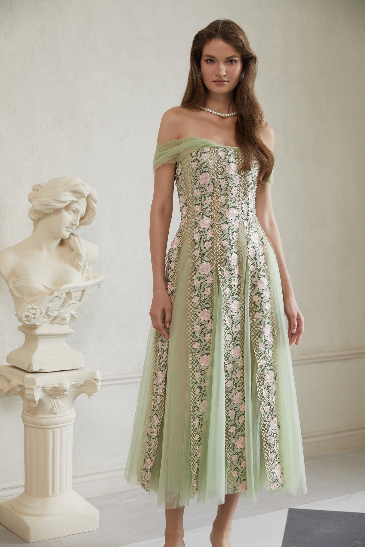 Aurohaya Eleni Green Tulle Panel Floral Midi Dress