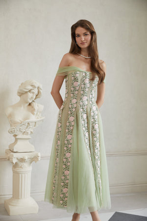 Aurohaya Eleni Green Tulle Panel Floral Midi Dress