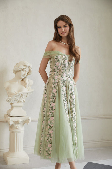 Aurohaya Eleni Green Tulle Panel Floral Midi Dress