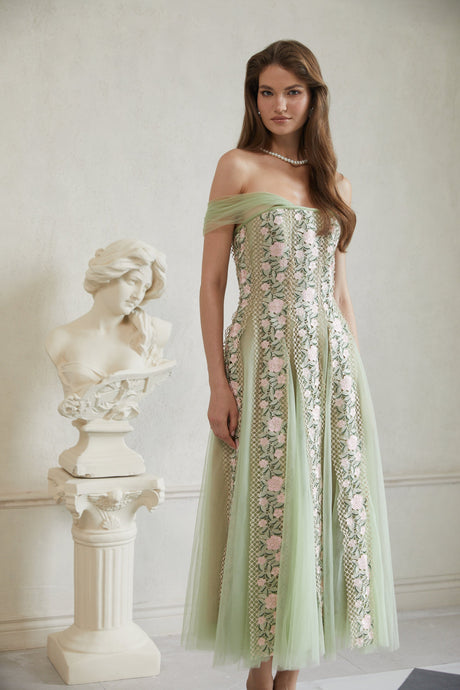 Aurohaya Eleni Green Tulle Panel Floral Midi Dress