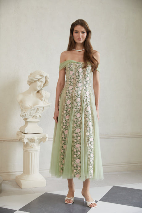Aurohaya Eleni Green Tulle Panel Floral Midi Dress