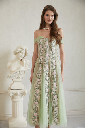 Aurohaya Eleni Green Tulle Panel Floral Midi Dress