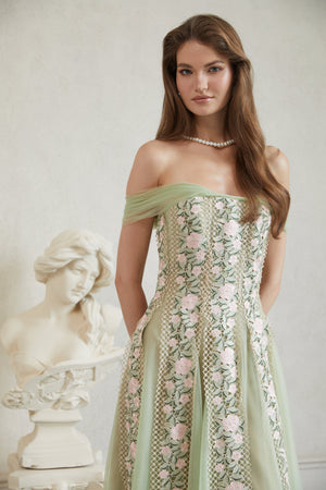 Aurohaya Eleni Green Tulle Panel Floral Midi Dress