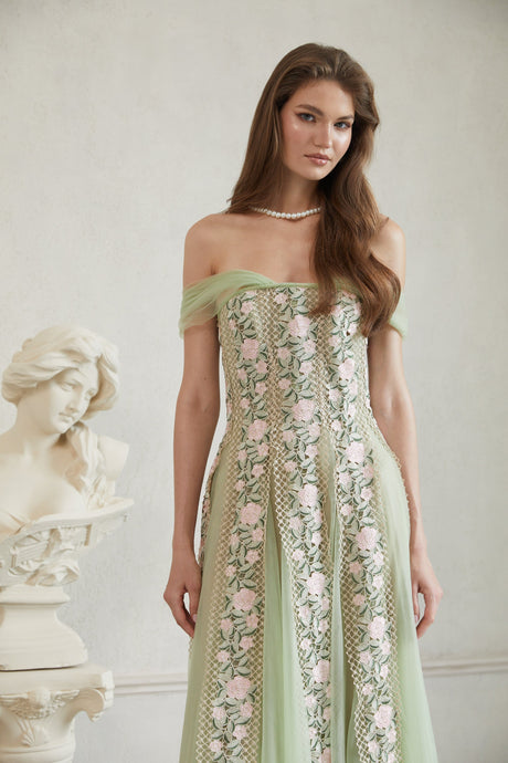 Aurohaya Eleni Green Tulle Panel Floral Midi Dress