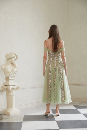 Aurohaya Eleni Green Tulle Panel Floral Midi Dress