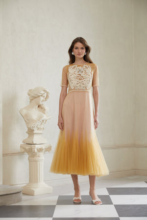 Aurohaya Despoina Yellow Floral Braided Tulle Midi Dress