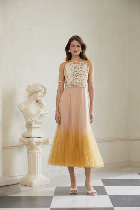 Aurohaya Despoina Yellow Floral Braided Tulle Midi Dress