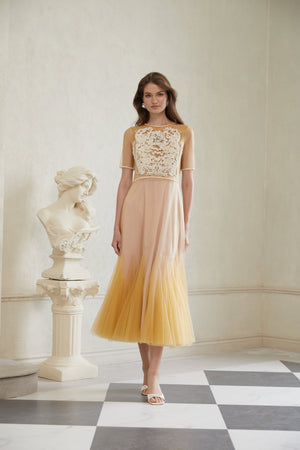Aurohaya Despoina Yellow Floral Braided Tulle Midi Dress