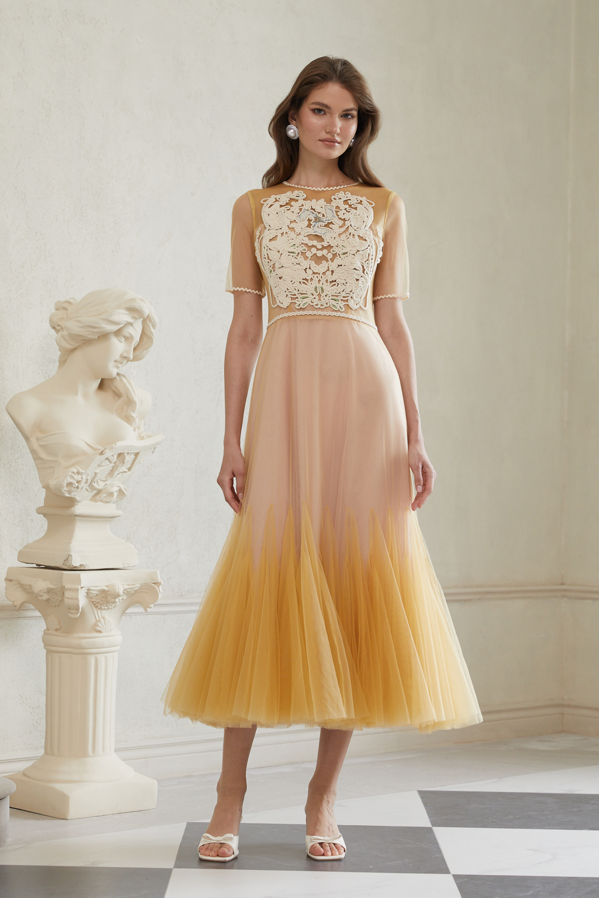 Aurohaya Despoina Yellow Floral Braided Tulle Midi Dress