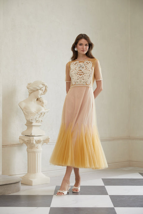 Aurohaya Despoina Yellow Floral Braided Tulle Midi Dress