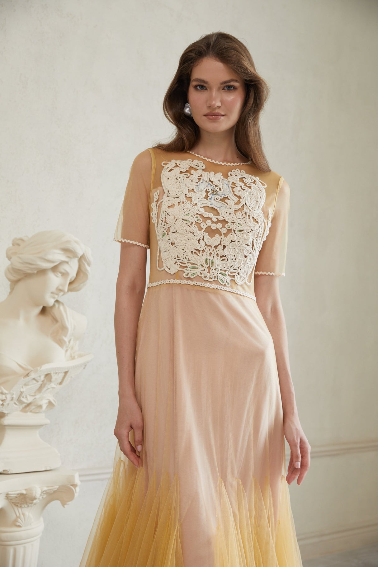 Aurohaya Despoina Yellow Floral Braided Tulle Midi Dress