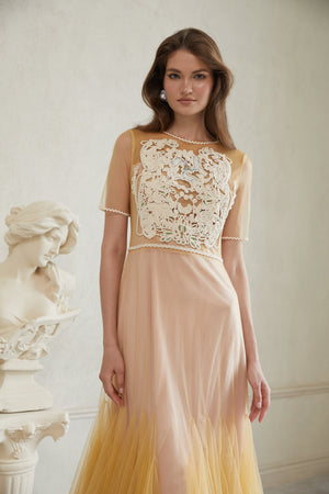 Aurohaya Despoina Yellow Floral Braided Tulle Midi Dress