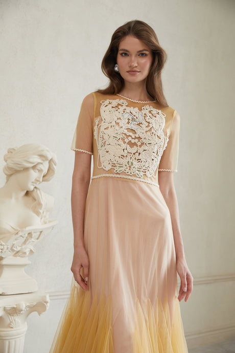 Aurohaya Despoina Yellow Floral Braided Tulle Midi Dress