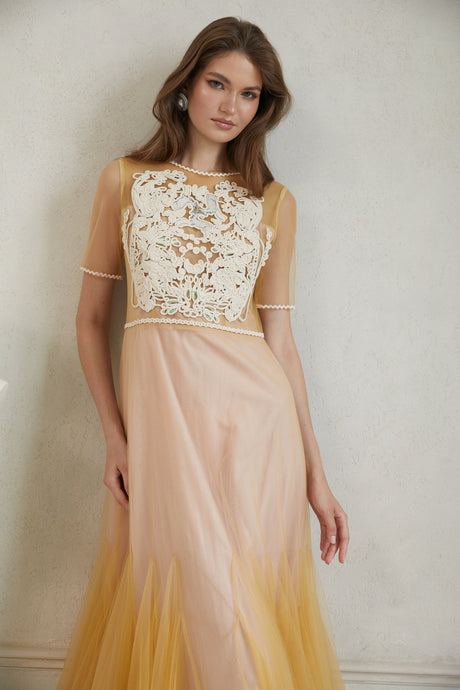 Aurohaya Despoina Yellow Floral Braided Tulle Midi Dress