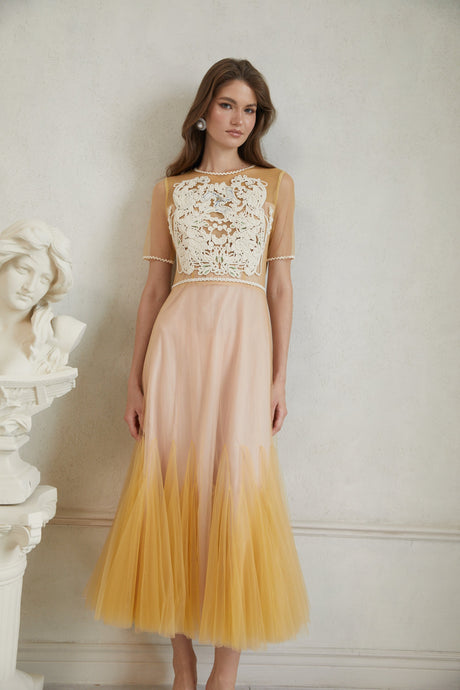 Aurohaya Despoina Yellow Floral Braided Tulle Midi Dress