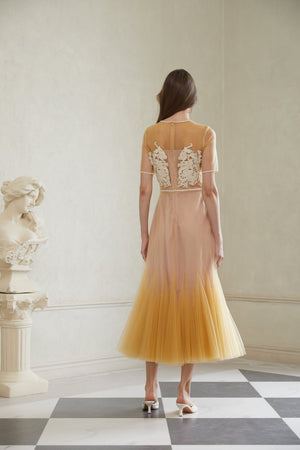 Aurohaya Despoina Yellow Floral Braided Tulle Midi Dress
